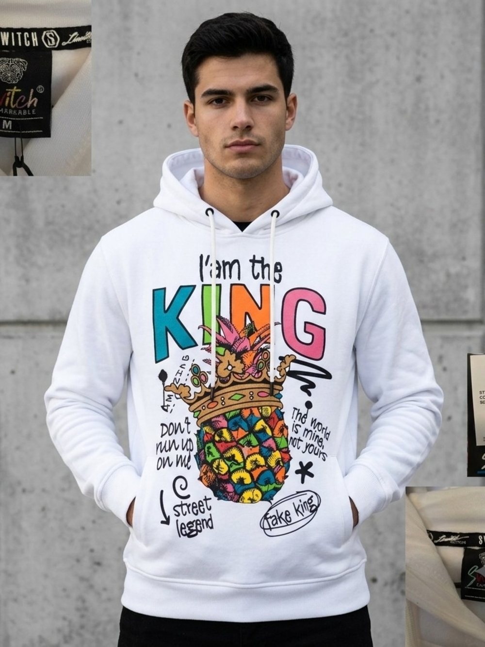 Switch Remarkable Mens Medium I Am The King Pineapple Hoodie White Graphic NWT
